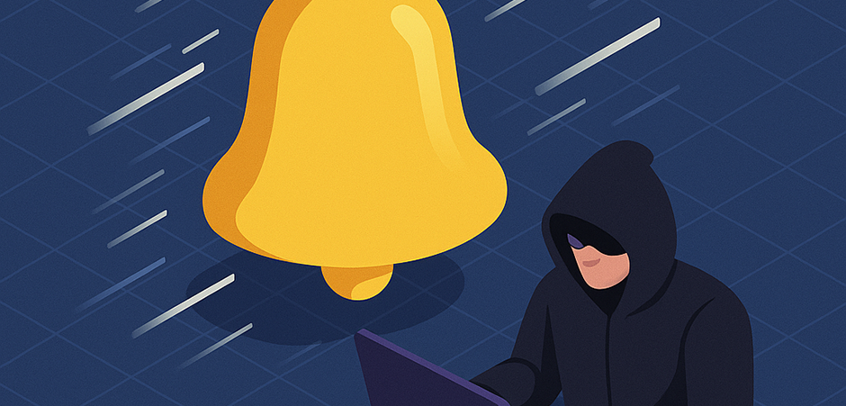 Image of a notification bell and a hacker at a computer