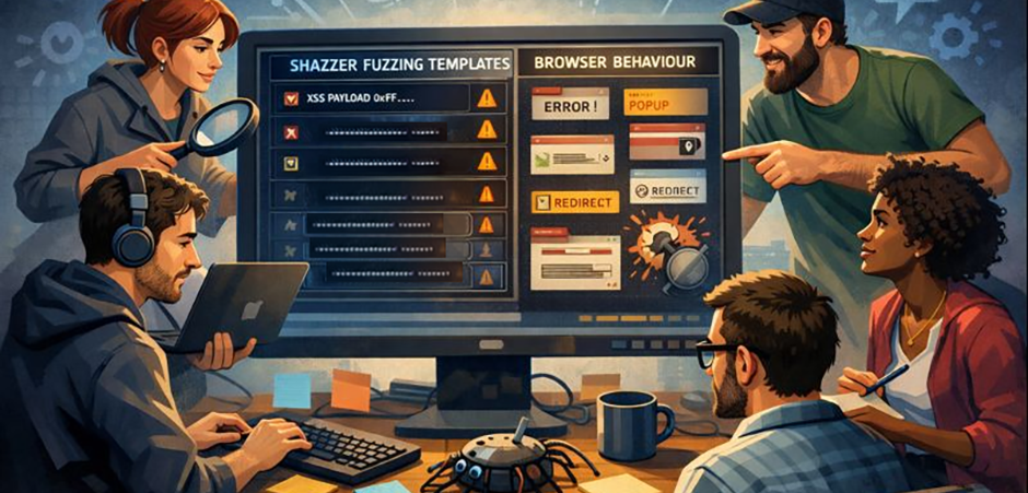 People looking at a monitor to represent Shazzer teams